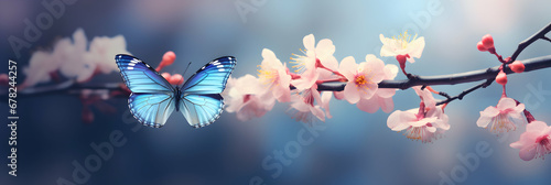 Beautiful butterfly in flight and branch of flowering apricot cherry tree in spring on light blue and violet background macro. Elegant artistic image nature. Banner format, copy space. Generative AI.