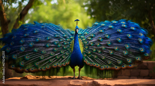 Beautiful indian peacock with fully fanned tail, generative ai