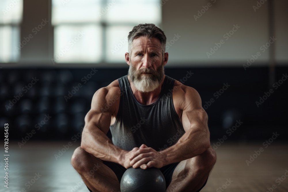 Photography in the style of pensive portraiture of a concentrated mature man doing kettlebell exercises in an empty room. With generative AI technology Photography in the style of pensive portraiture of a concentrated mature man doing kettlebell exercises in an empty room. With generative AI technology