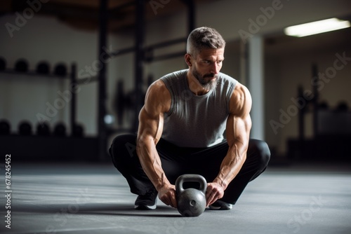 Photography in the style of pensive portraiture of a concentrated mature man doing kettlebell exercises in an empty room. With generative AI technology