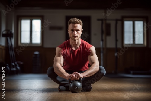 Sports portrait photography of a relaxed boy in his 20s doing kettlebell exercises in an empty room. With generative AI technology
