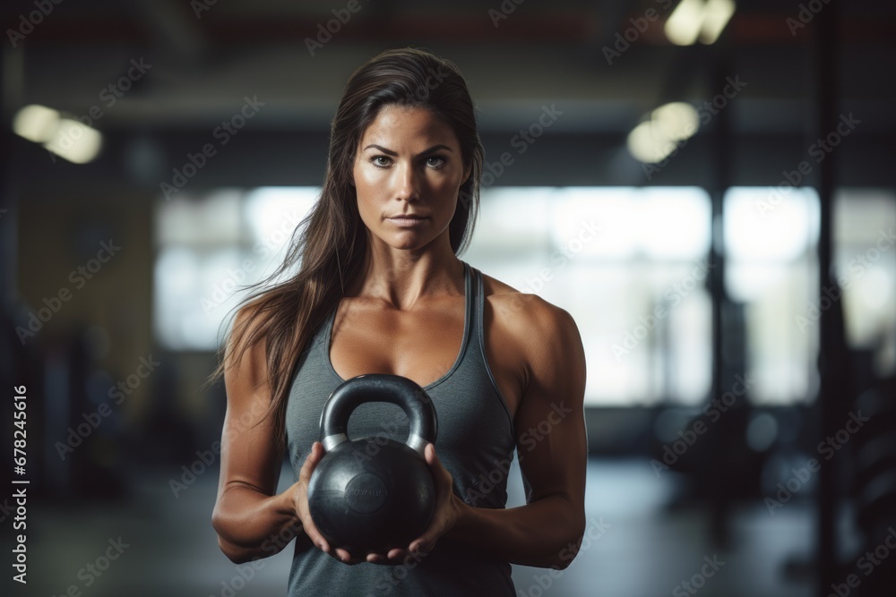 Photography in the style of pensive portraiture of a fitness mature woman doing kettlebell exercises in a gym. With generative AI technology Photography in the style of pensive portraiture of a fitness mature woman doing kettlebell exercises in a gym. With generative AI technology