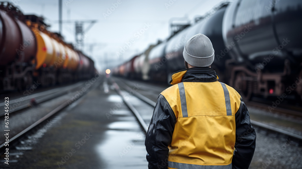 worker in front of a freight train with oil. ai generative