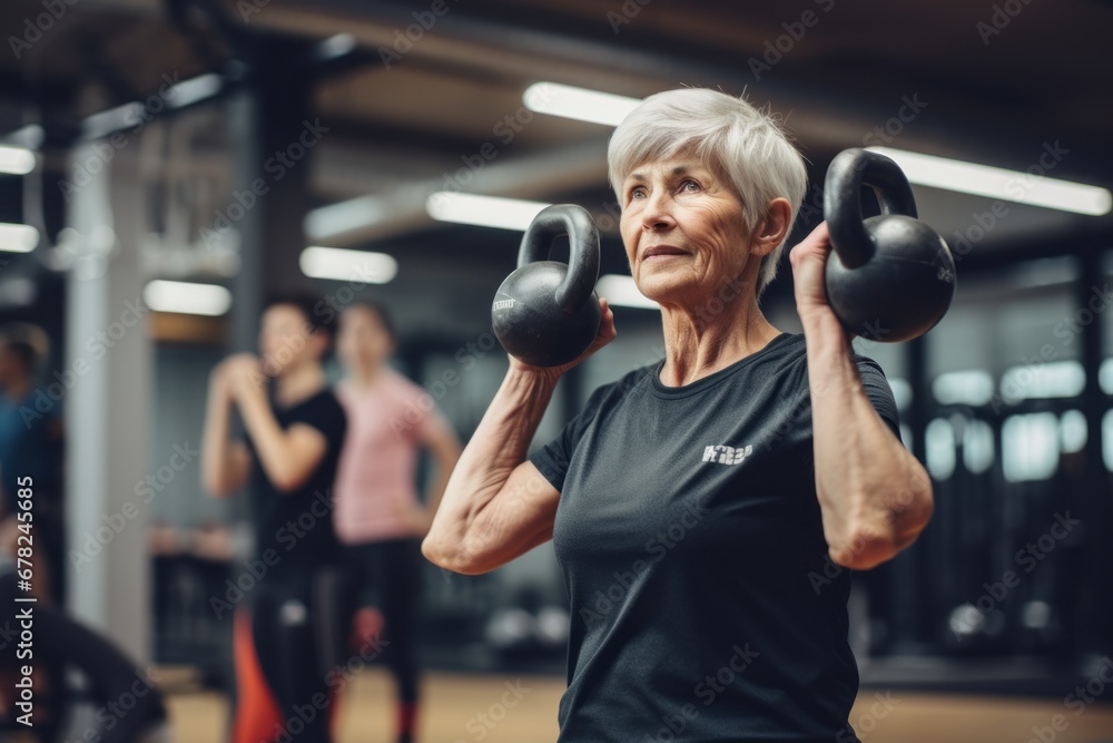 Medium shot portrait photography of a determined old woman doing kettlebell exercises in a gym. With generative AI technology - obrazy, fototapety, plakaty 