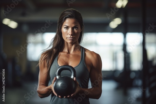 Photography in the style of pensive portraiture of a fitness mature woman doing kettlebell exercises in a gym. With generative AI technology