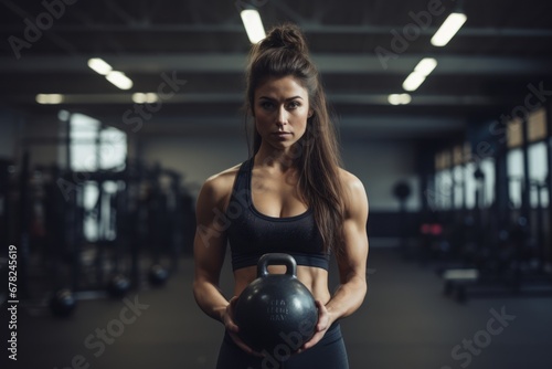 Medium shot portrait photography of a drained girl in her 20s doing kettlebell exercises in a gym. With generative AI technology © Markus Schröder