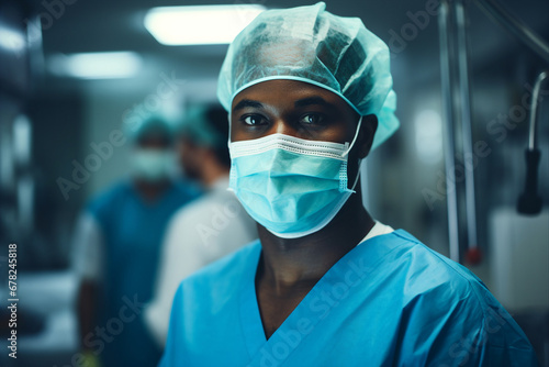 Professional emergency worker doctor medic wearing sterile uniform before operation Generative AI