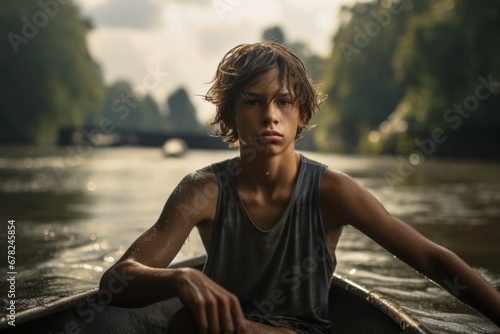 Photography in the style of pensive portraiture of a drained boy in his 20s practicing canoeing in a river. With generative AI technology © Markus Schröder