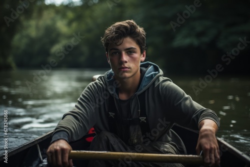 Photography in the style of pensive portraiture of a drained boy in his 20s practicing canoeing in a river. With generative AI technology