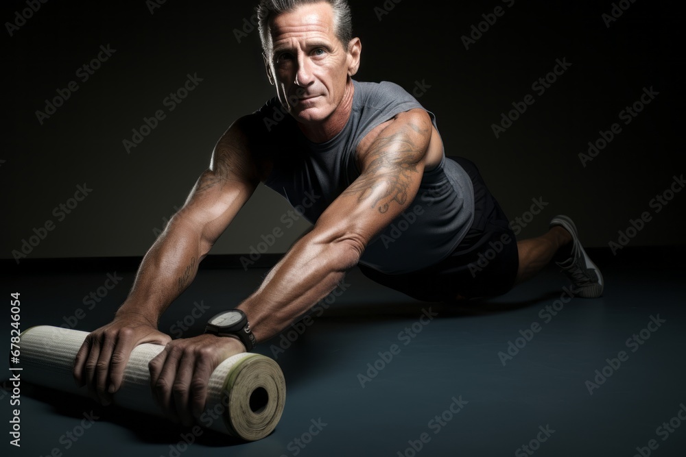 Three-quarter studio portrait photography of an active mature man doing exercises on a foam roller in an empty room. With generative AI technology Three-quarter studio portrait photography of an active mature man doing exercises on a foam roller in an empty room. With generative AI technology