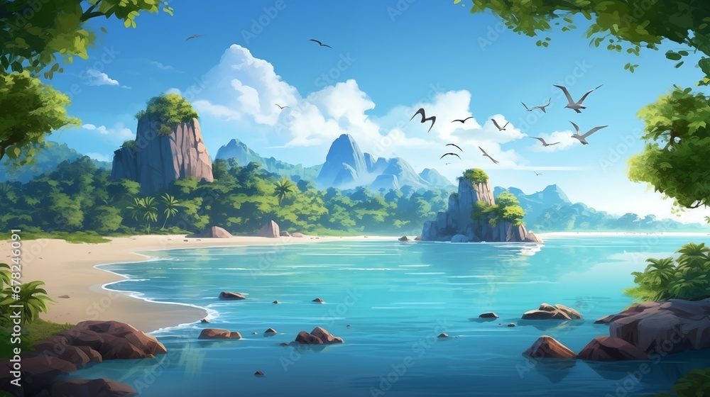 a tropical and island landscape with some birds flying over. Fantasy concept , Illustration painting. - obrazy, fototapety, plakaty 