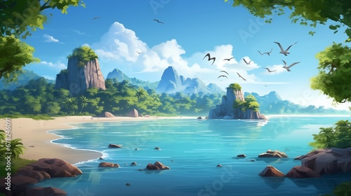 a tropical and island landscape with some birds flying over. Fantasy concept , Illustration painting. © X-Poser