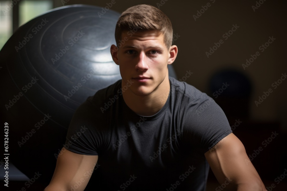 Naklejka premium Headshot portrait photography of an active boy in his 20s doing swiss ball exercises in an empty room. With generative AI technology