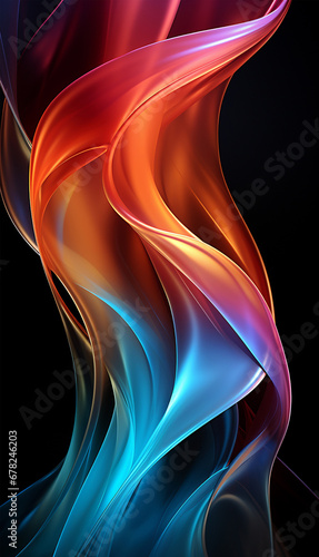 Abstract 3d render. Multicolored waves. Holographic shape in motion. Iridescent gradient digital art for banner background  wallpaper. Transparent glossy design element flying in seascape. Black 