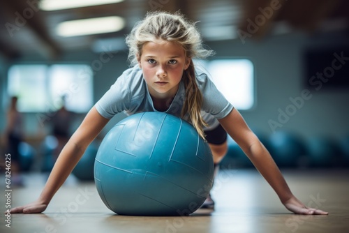 Sports portrait photography of a concentrated kid female doing swiss ball exercises in an empty room. With generative AI technology