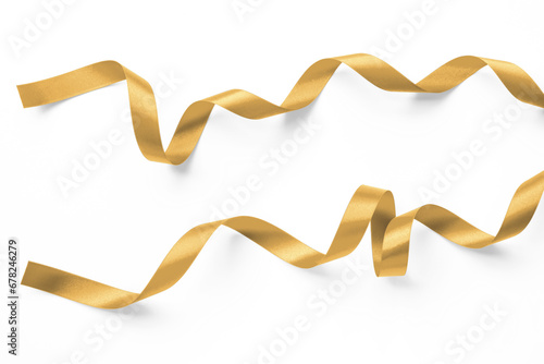Gold ribbon satin golden color bow scroll set isolated on white background with clipping path for Christmas and wedding card confetti design decoration