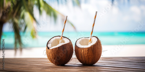 two coconut drinks with straws on a wooden table at a tropical beach resort with palm trees and blue ocean in the background. ai generative