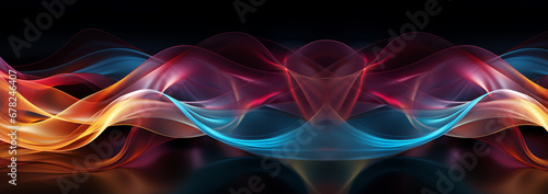 Banner Abstract 3d render. Multicolored waves. Holographic shape in motion. Iridescent gradient digital art for banner background, wallpaper. Transparent glossy design element flying in seascape.  © annebel146
