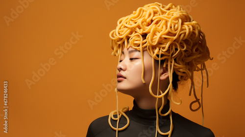 noodles hanging on a person's ears. ai generative photo