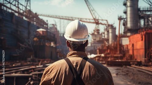male worker in a helmet on the background of a shipyard. ai generative