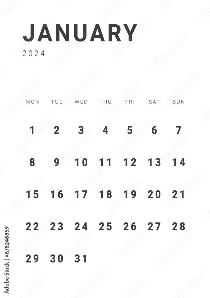 Monthly page Calendar Planner Templates of January 2024. Vector layout of simple calendar with week start Monday for print. Page for size A4 or 21x29.7 cm - obrazy, fototapety, plakaty 