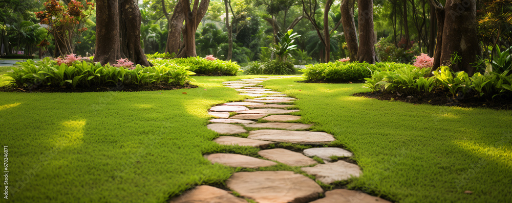 garden path made of stones. ai generative - obrazy, fototapety, plakaty 