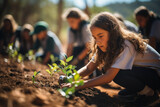 A group of school children planting native trees as part of an environmental project for Australia Day. Concept of conservation and education. Generative Ai.