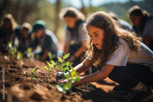A group of school children planting native trees as part of an environmental project for Australia Day. Concept of conservation and education. Generative Ai.