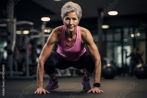 tired mature woman doing plyometric exercises in a gym photo