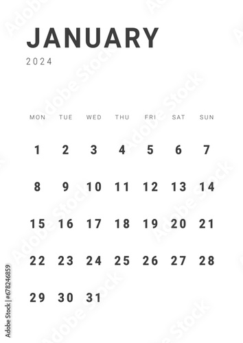 Monthly page Calendar Planner Templates of January 2024. Vector layout of simple calendar with week start Monday for print. Page for size A4 or 21x29.7 cm