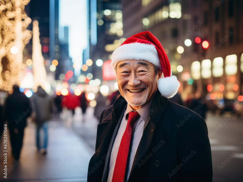 business people wearing a Santa hat walks down the street on Christmas night business people wearing a Santa hat walks down the street on Christmas night