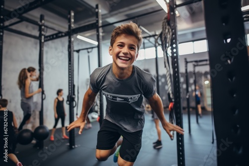 relaxed kid female practicing rope climb in a gym photo