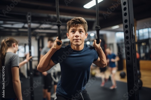 handsome kid male practicing rope climb in a gym photo