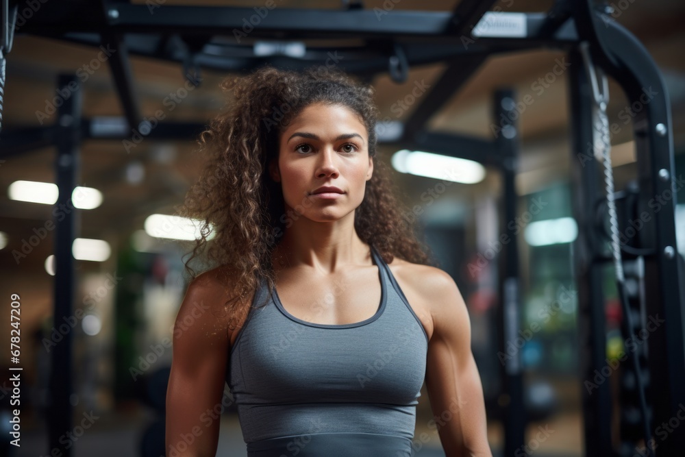 Group portrait photography of a serious girl in her 30s practicing pull ups in a gym. With generative AI technology