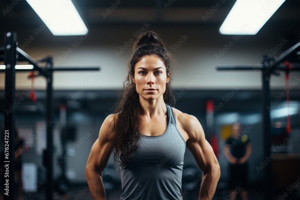 Group portrait photography of a serious girl in her 30s practicing pull ups in a gym. With generative AI technology