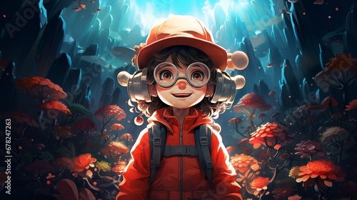 A little girl traveler with glasses in a magical forest. Fantasy concept , Illustration painting.