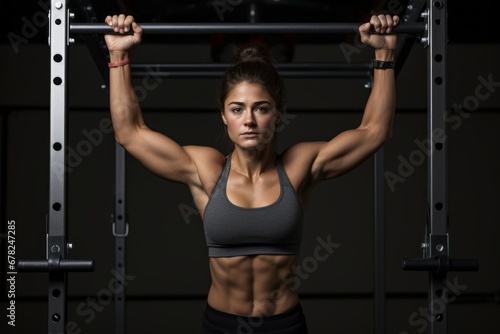 Three-quarter studio portrait photography of a concentrated girl in her 20s practicing pull ups in a gym. With generative AI technology