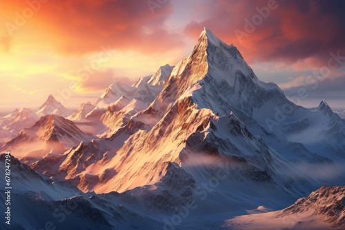 The last light of the day kissing the mountaintops  creating a breathtaking alpine sunset. Concept of mountain vistas and natural wonders. Generative Ai.