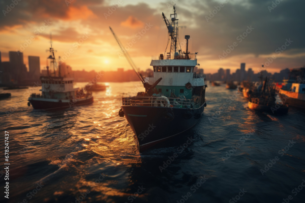 The sun setting over a bustling harbor, with boats returning after a day at sea. Concept of maritime life and industry. Generative Ai.