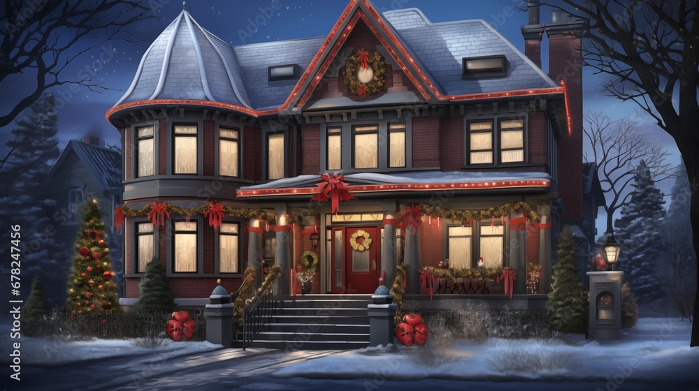 A house decorated with decorations for Christmas. Fantasy concept , Illustration painting.