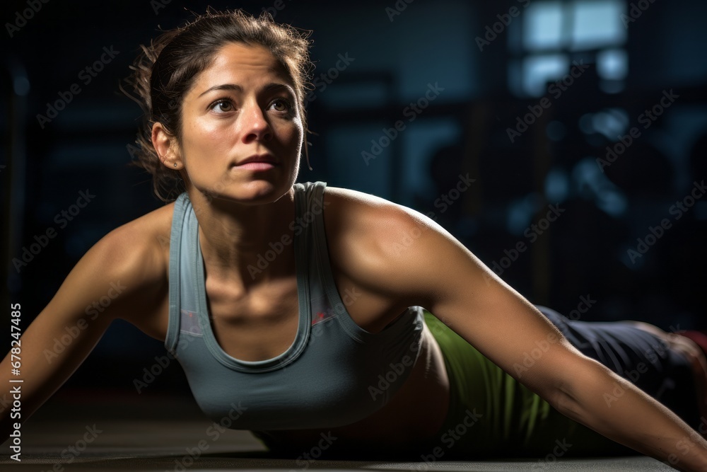 Three-quarter studio portrait photography of an active girl in her 30s doing sit ups in a gym. With generative AI technology Three-quarter studio portrait photography of an active girl in her 30s doing sit ups in a gym. With generative AI technology