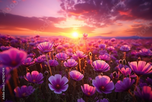 A vibrant sunset over a field of blooming wildflowers. Concept of flora and natural beauty. Generative Ai.
