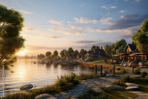A serene riverside village at sunset, reflecting in the calm waters. Concept of river life and tranquility. Generative Ai. © Sebastian