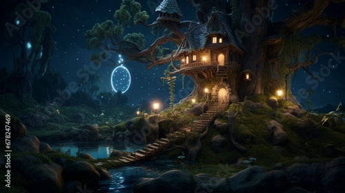 A nighttime forest scene including a tree house in a lovely fantasy fairy tale