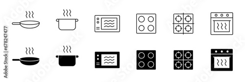 Cook icon. Cooktop, oven, pot, pan, microwave vector icon set. Cook icon line, silhouette
