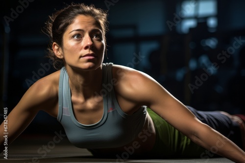 Three-quarter studio portrait photography of an active girl in her 30s doing sit ups in a gym. With generative AI technology