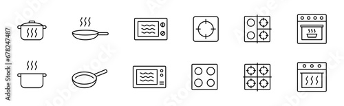 Cook icon. Cooktop, oven, pot, pan, microwave vector icon set. Cook icons collection