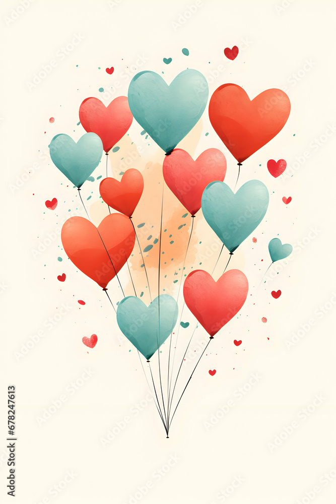 Adorable retro greeting card with red hearts floating around. Valentine's Day background for lovers. Invitation template, poster or wallpaper, sketchy style, generative ai
