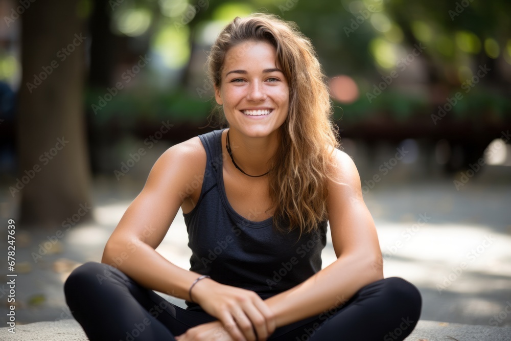 Group portrait photography of a handsome girl in her 30s doing sit ups outdoors. With generative AI technology Group portrait photography of a handsome girl in her 30s doing sit ups outdoors. With generative AI technology