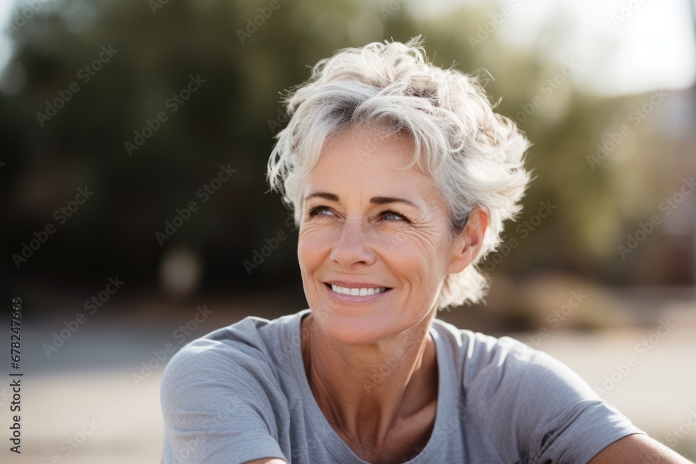 Close-up portrait photography of a tired mature woman doing sit ups outdoors. With generative AI technology Close-up portrait photography of a tired mature woman doing sit ups outdoors. With generative AI technology